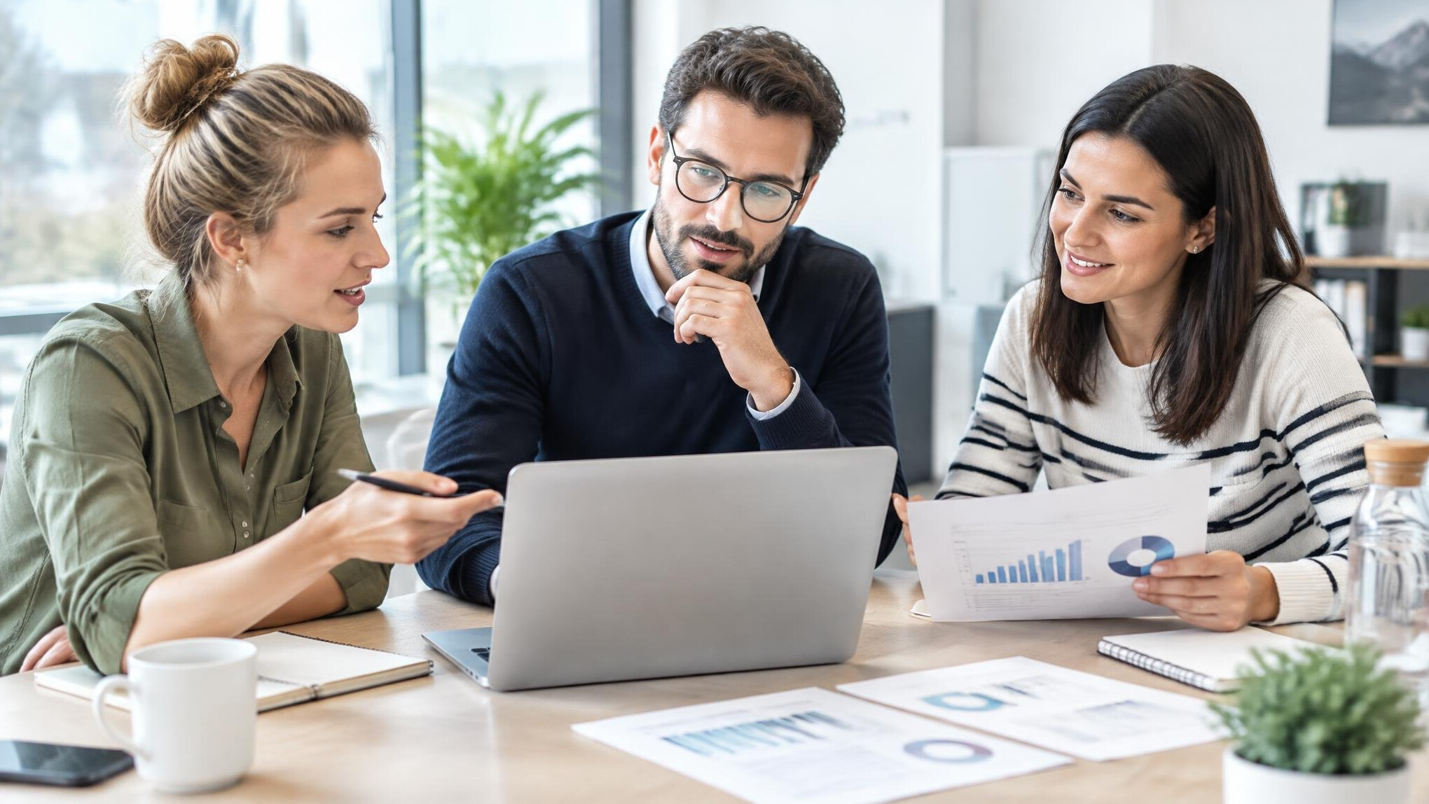 Small team collaborating around a laptop in a bright office